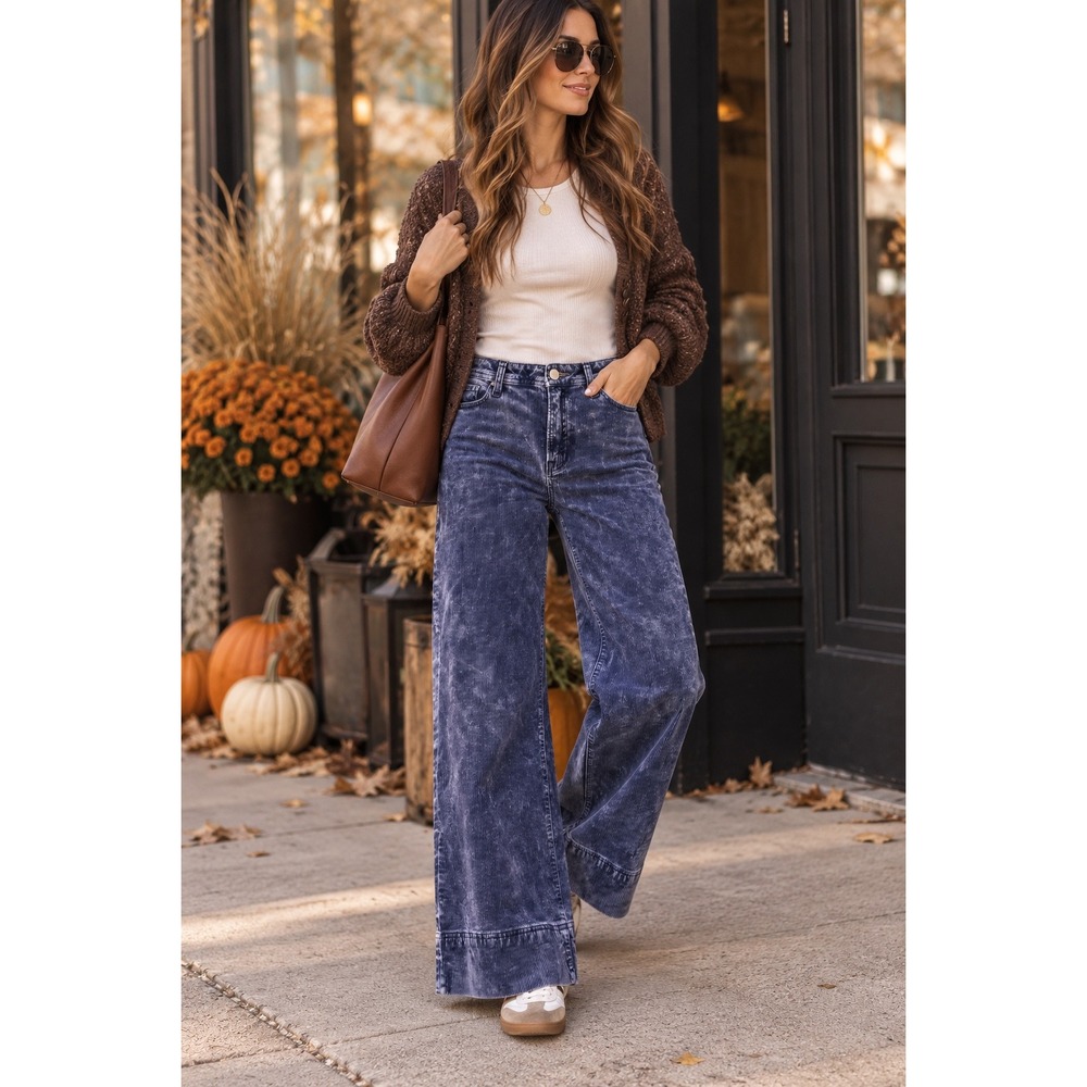 Risen Corduroy Wide Leg Pants Acid Wash Retro Blue Boho Retro Grunge Sz 29